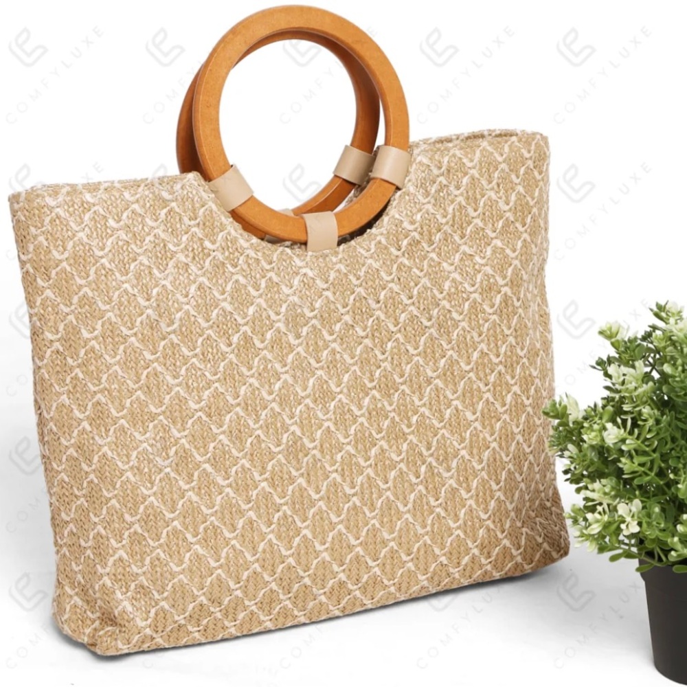 Wooden Handle Straw Tote